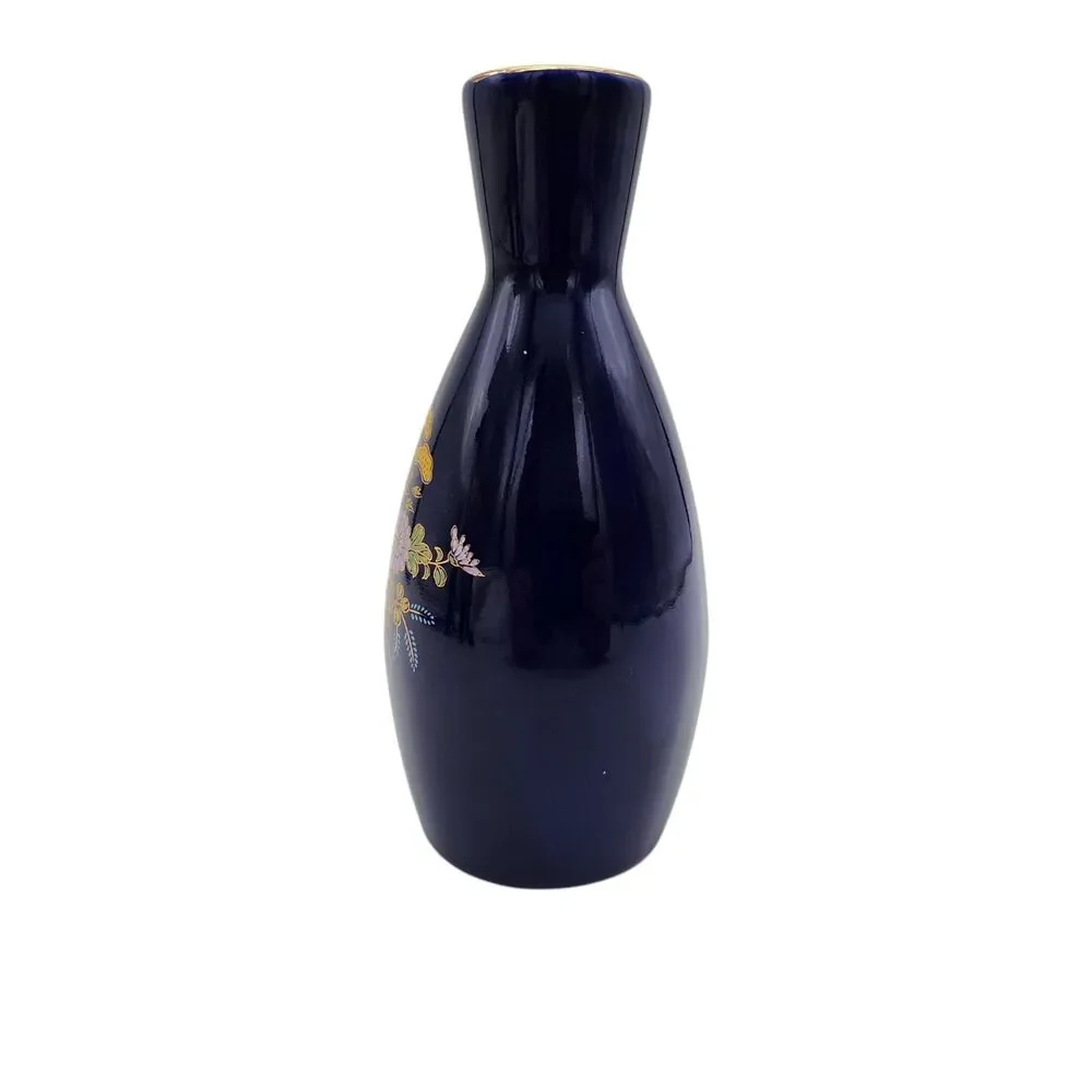 Vintage Japanese Cobalt Blue Vase Gold Floral Chrysanthemum Bud Vase 5.5